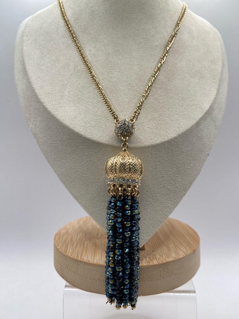 Gold-Tone Long Beaded Crown Tassel Necklace 30”L Contemporary Feminine